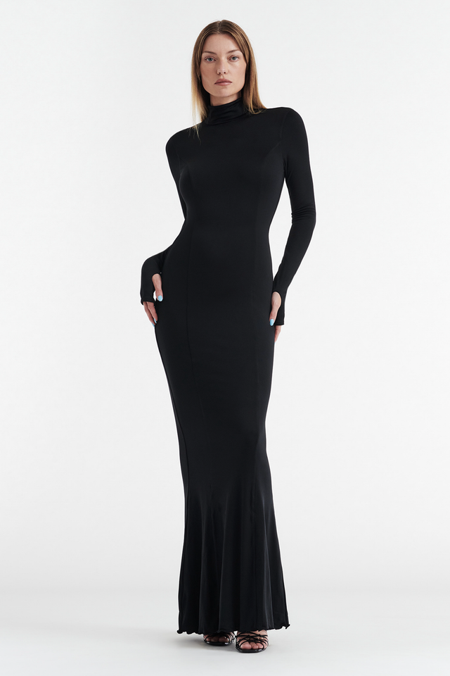 AUDREY TURTLENECK LONG SLEEVE MAXI DRESS - BLACK